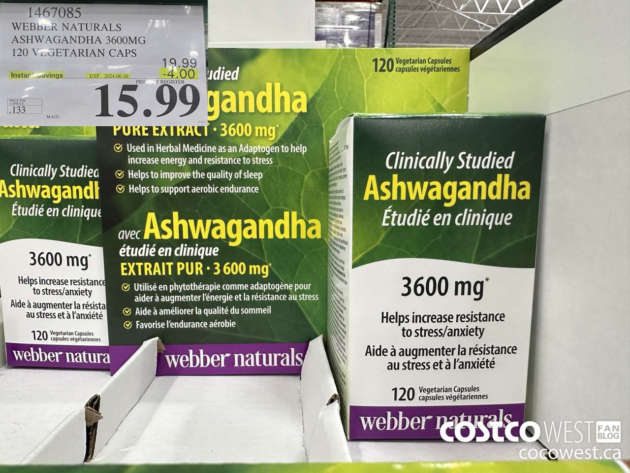 1467085 WEBBER NATURALS ASHWAGANDHA 3600MG 120 VEGETARIAN CAPSULES ($4.00 INSTANT SAVINGS EXPIRES ON 2024-06-30) $15.99