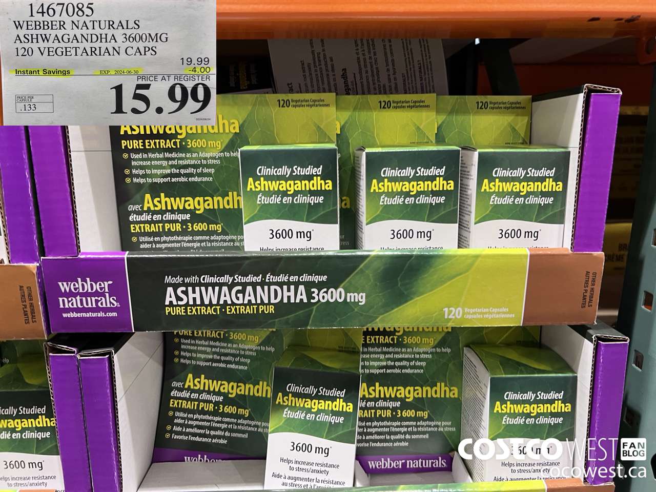 1467085 WEBBER NATURALS ASHWAGANDHA 3600MG 120 VEGETARIAN CAPSULES ($4.00 INSTANT SAVINGS EXPIRES ON 2024-06-30) $15.99