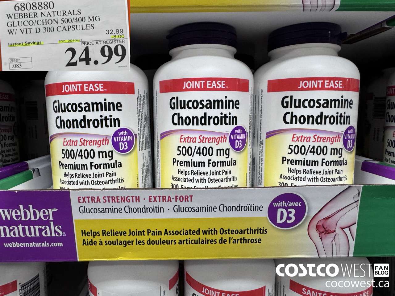 6808880 WEBBER NATURALS GLUCO/CHON 500/400 MG W/VIT D 300 CAPSULES ($8.00 INSTANT SAVINGS EXPIRES ON 2024-06-23) $24.99