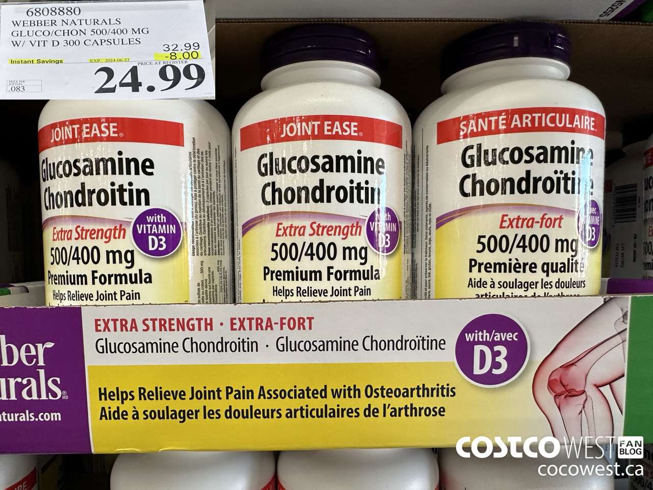 6808880 WEBBER NATURALS GLUCO/CHON 500/400 MG W/VIT D 300 CAPSULES ($8.00 INSTANT SAVINGS EXPIRES ON 2024-06-23) $24.99
