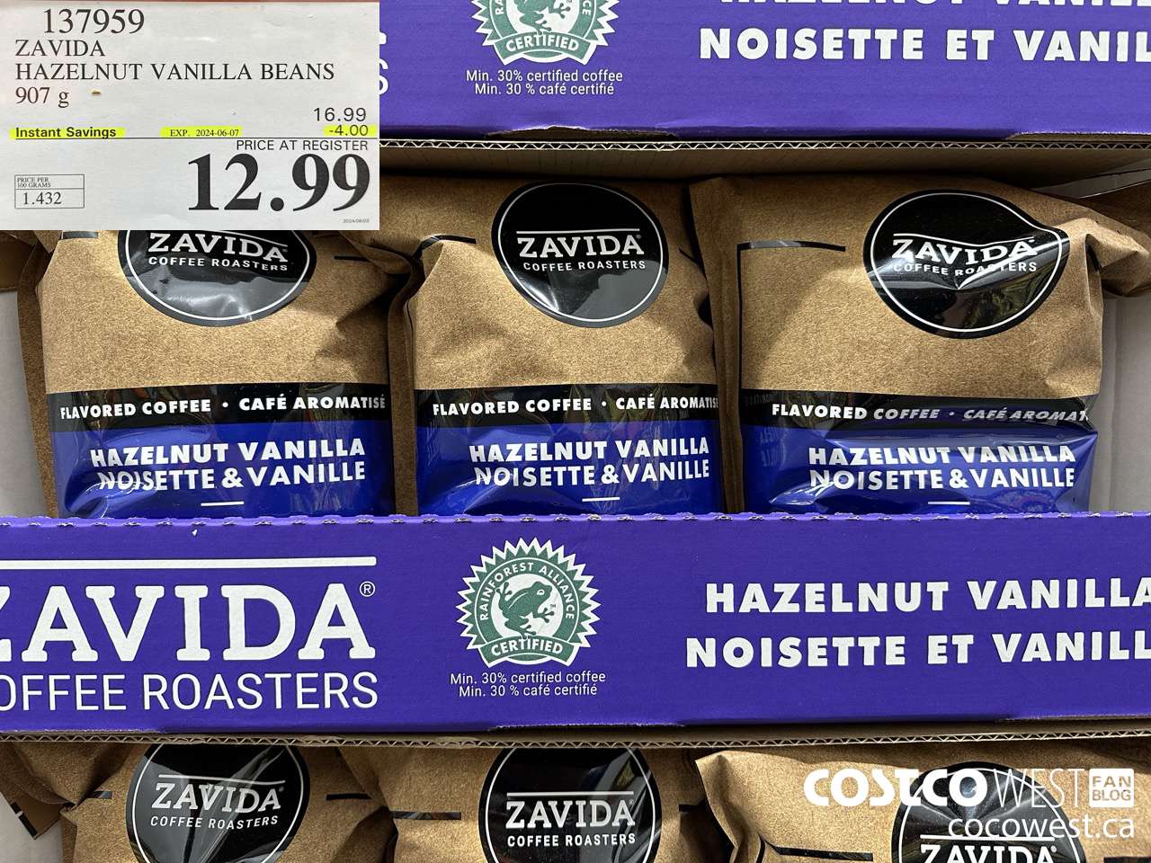 137959 ZAVIDA HAZELNUT VANILLA BEANS 907 g ($4.00 INSTANT SAVINGS EXPIRES ON 2024-06-07) $12.99