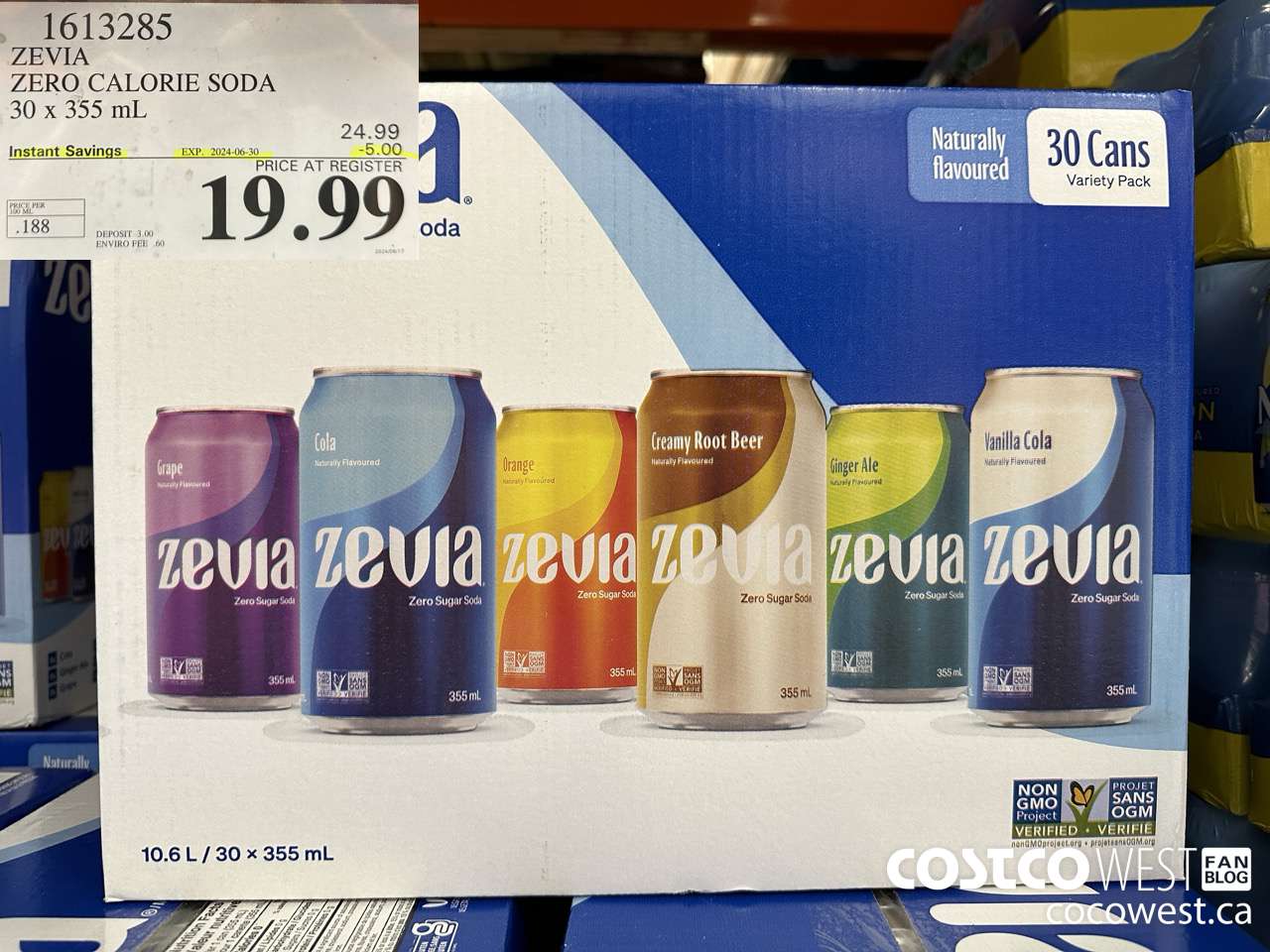 1613285 ZEVIA ZERO CALORIE SODA 30 X 355ML ($5.00 INSTANT SAVINGS EXPIRES ON 2024-06-30) $19.99