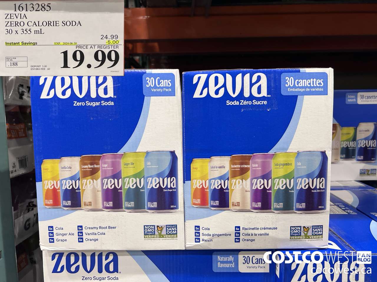 1613285 ZEVIA ZERO CALORIE SODA 30 X 355ML ($5.00 INSTANT SAVINGS EXPIRES ON 2024-06-30) $19.99