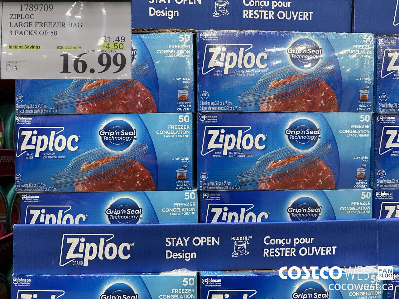 1789709 ZIPLOC LARGE FREEZER BAG 3 X 50 ($4.50 INSTANT SAVINGS EXPIRES ON 2024-06-09) $16.99
