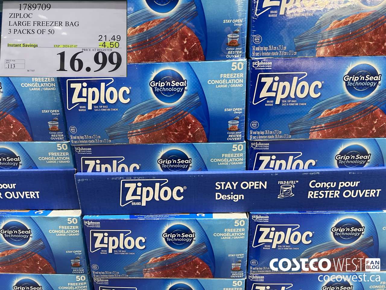 1789709 ZIPLOC LARGE FREEZER BAG 3 X 50 ($4.50 INSTANT SAVINGS EXPIRES ON 2024-07-07) $16.99