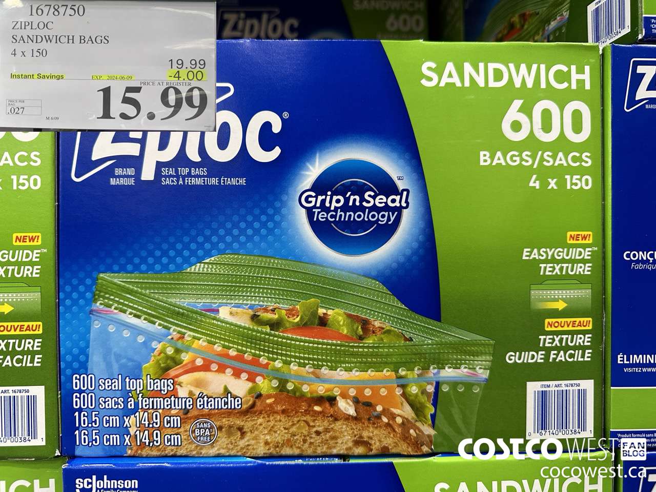1678750 ZIPLOC SANDWICH BAGS 4 X 150 ($4.00 INSTANT SAVINGS EXPIRES ON 2024-06-09) $15.99