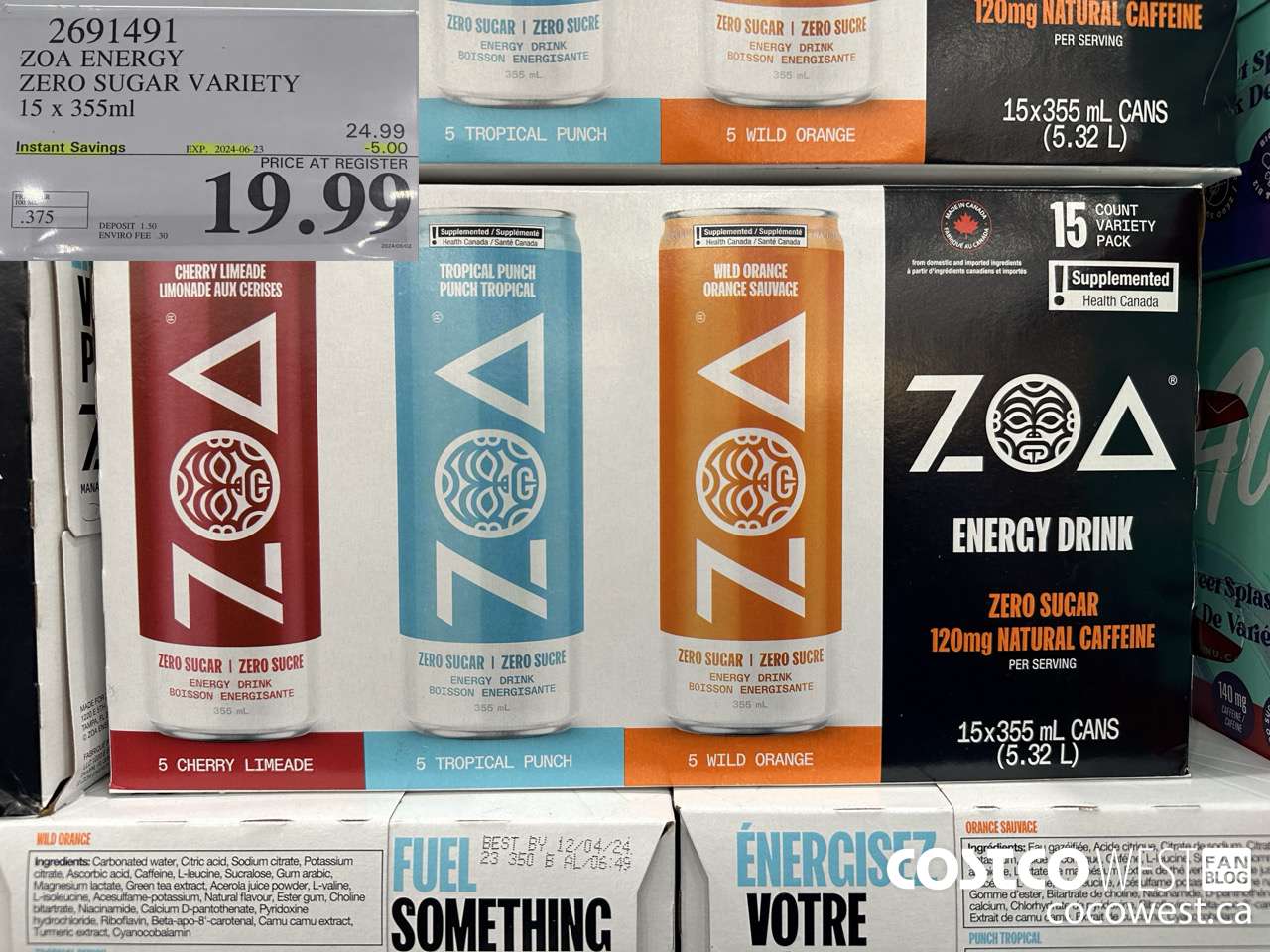 2691491 ZOA ENERGY ZERO SUGAR VARIETY 15 X 355ML ($5.00 INSTANT SAVINGS EXPIRES ON 2024-06-23) $19.99