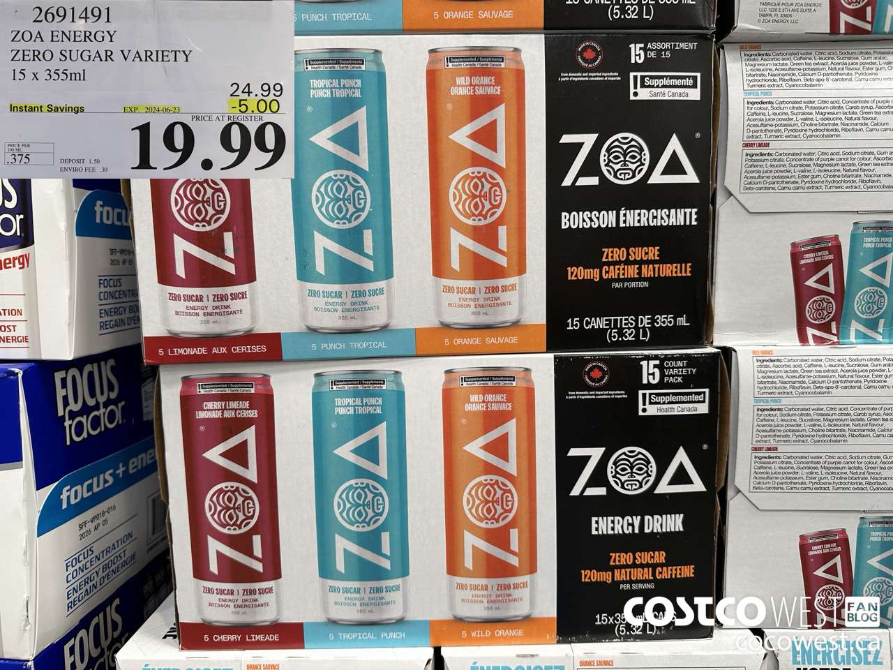 2691491 ZOA ENERGY ZERO SUGAR VARIETY 15 X 355ML ($5.00 INSTANT SAVINGS EXPIRES ON 2024-06-23) $19.99
