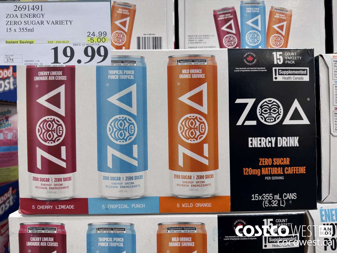 2691491 ZOA ENERGY ZERO SUGAR VARIETY 15 X 355ML ($5.00 INSTANT SAVINGS EXPIRES ON 2024-06-23) $19.99