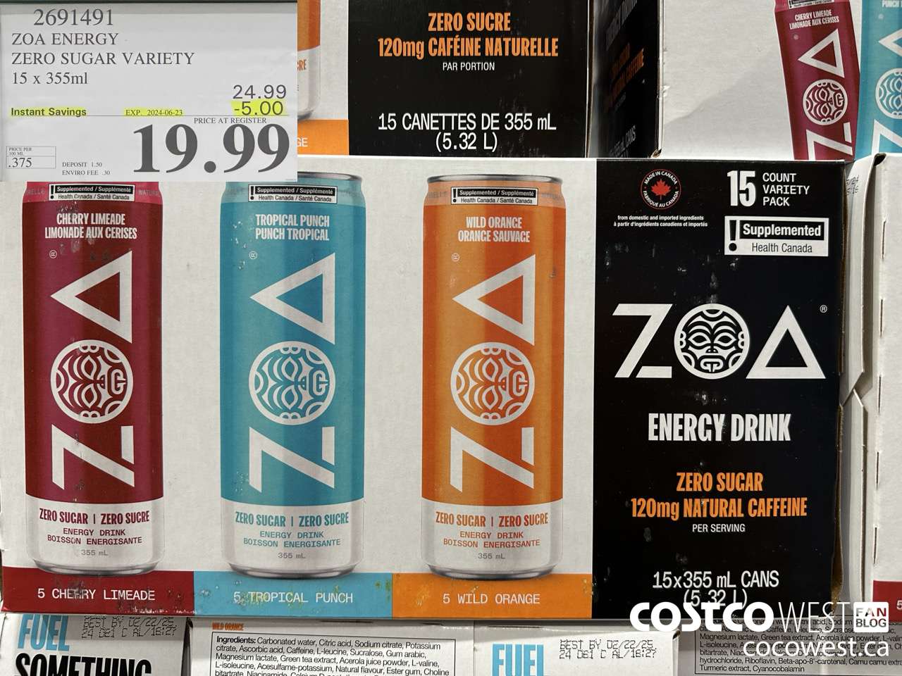 2691491 ZOA ENERGY ZERO SUGAR VARIETY 15 X 355ML ($5.00 INSTANT SAVINGS EXPIRES ON 2024-06-23) $19.99