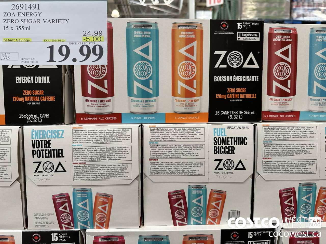 2691491 ZOA ENERGY ZERO SUGAR VARIETY 15 X 355ML ($5.00 INSTANT SAVINGS EXPIRES ON 2024-06-23) $19.99