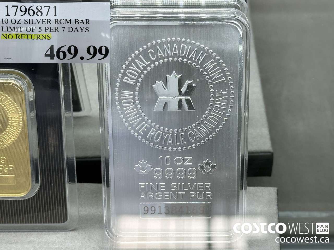 1796871 10 OZ SILVER RCM BAR LIMIT OF 5 PER 7 DAYS NO RETURNS  $469.99