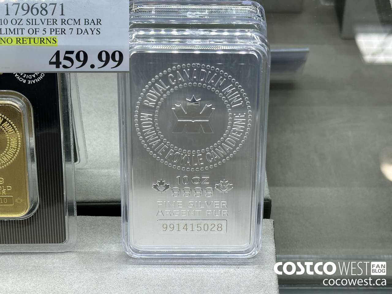 1796871 10 OZ SILVER RCM BAR LIMIT OF 5 PER 7 DAYS NO RETURNS  $459.99