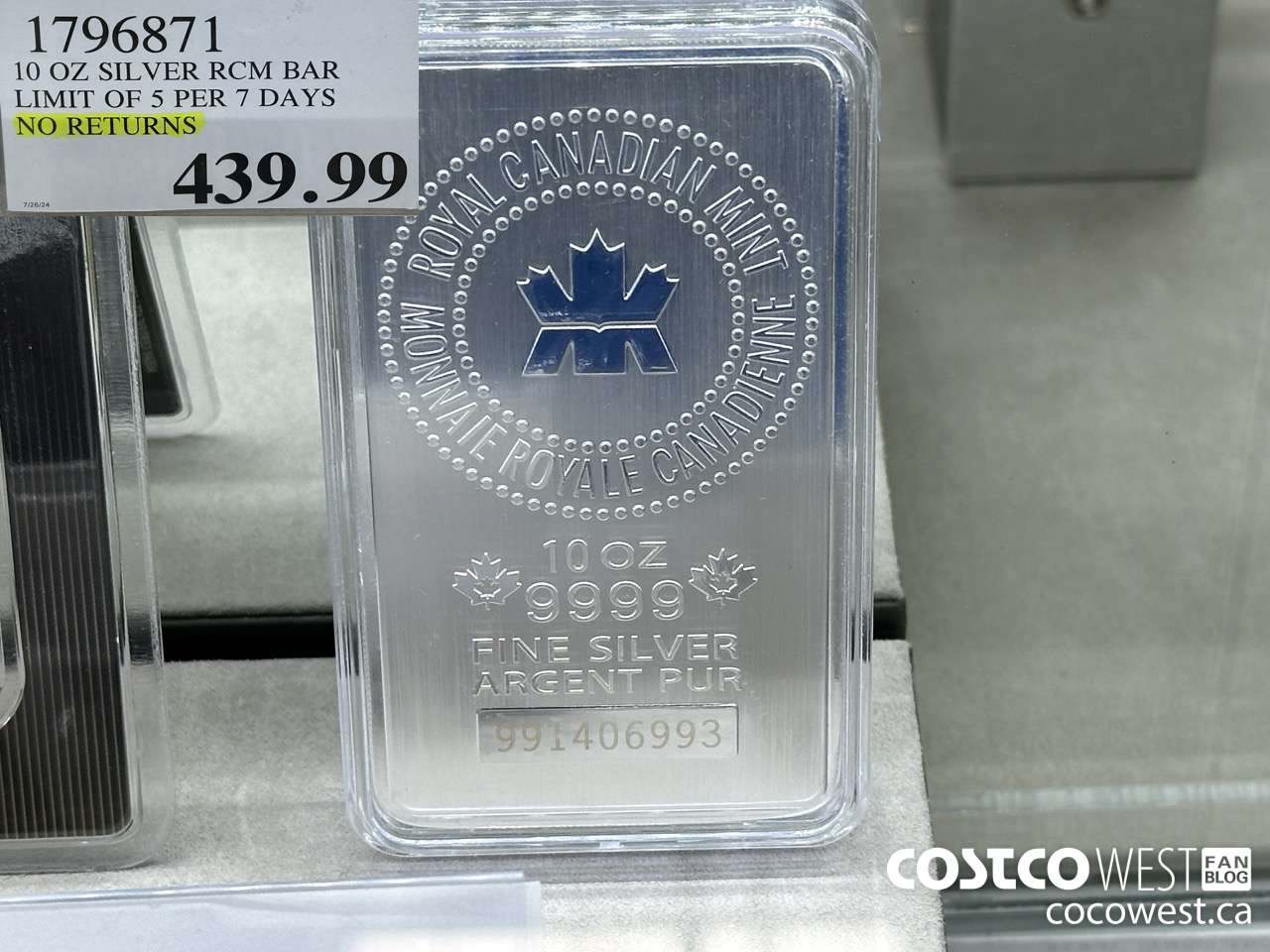 1796871 10 OZ SILVER RCM BAR LIMIT OF 5 PER 7 DAYS NO RETURNS  $439.99