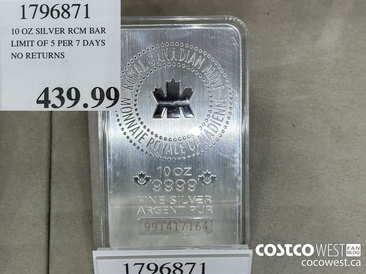 1796871 10 OZ SILVER RCM BAR LIMIT OF 5 PER 7 DAYS NO RETURNS  $439.99
