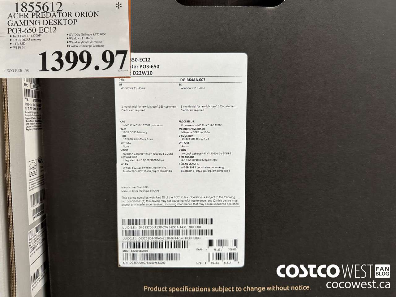 1855612 ACER PREDATOR ORION GAMING DESKTOP PO3-650-EC12 $1399.97