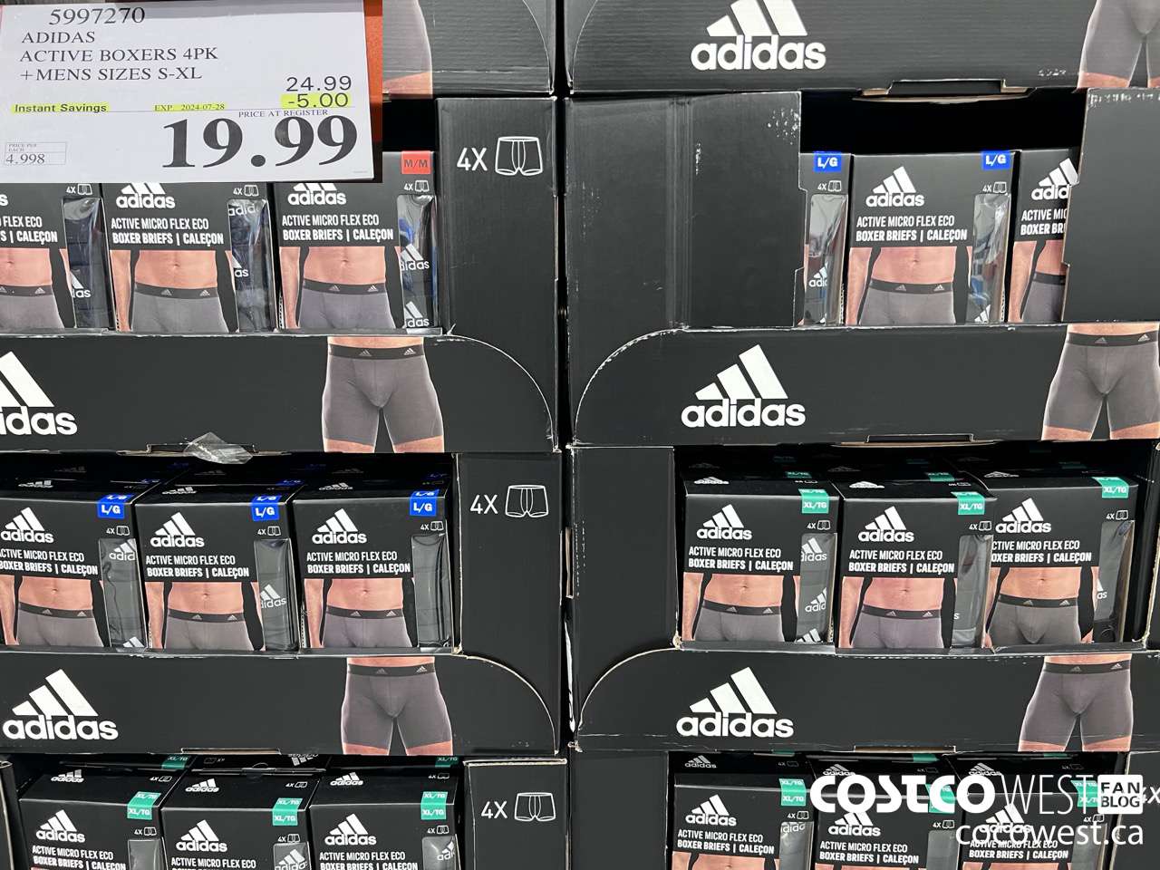 5997270 ADIDAS ACTIVE BOXERS 4PK MENS SIZES S-XL ($5.00 INSTANT SAVINGS EXPIRES ON 2024-07-28) $19.99