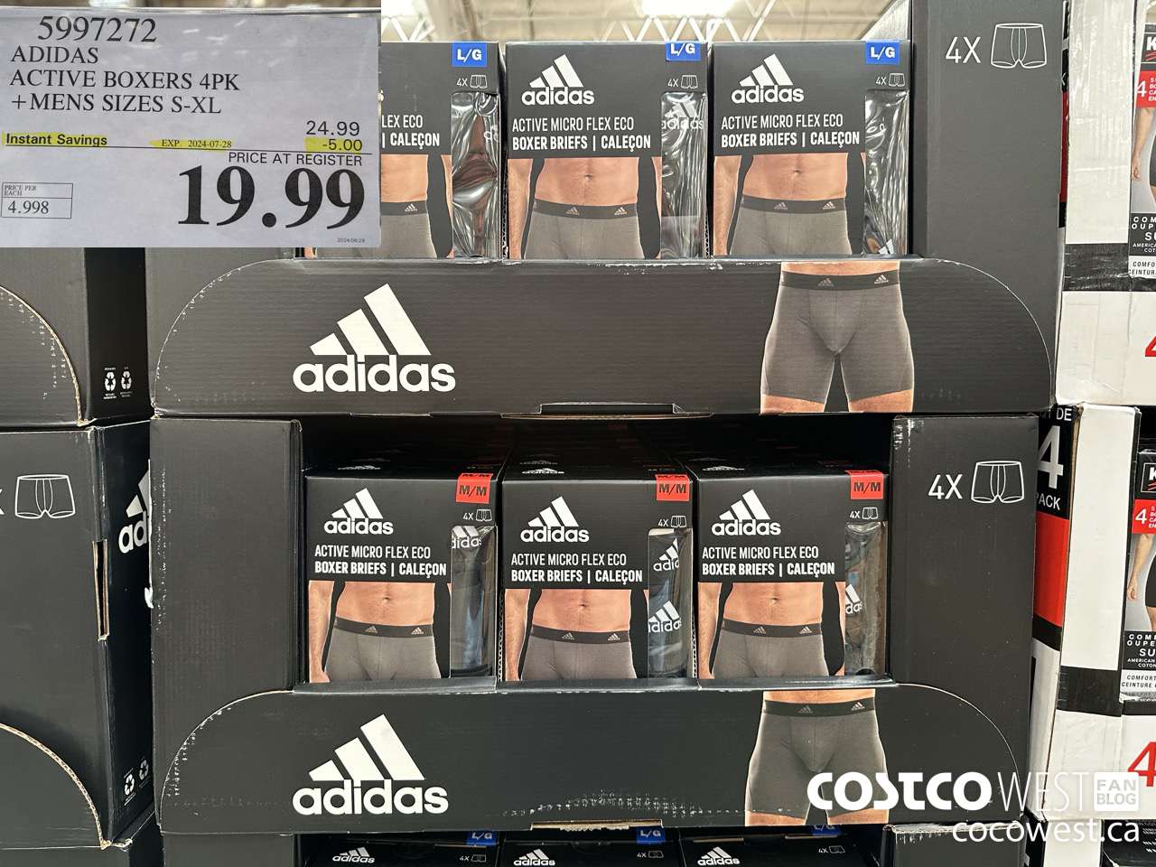 5997272 ADIDAS ACTIVE BOXERS 4PK MENS SIZES S-XL ($5.00 INSTANT SAVINGS EXPIRES ON 2024-07-28) $19.99