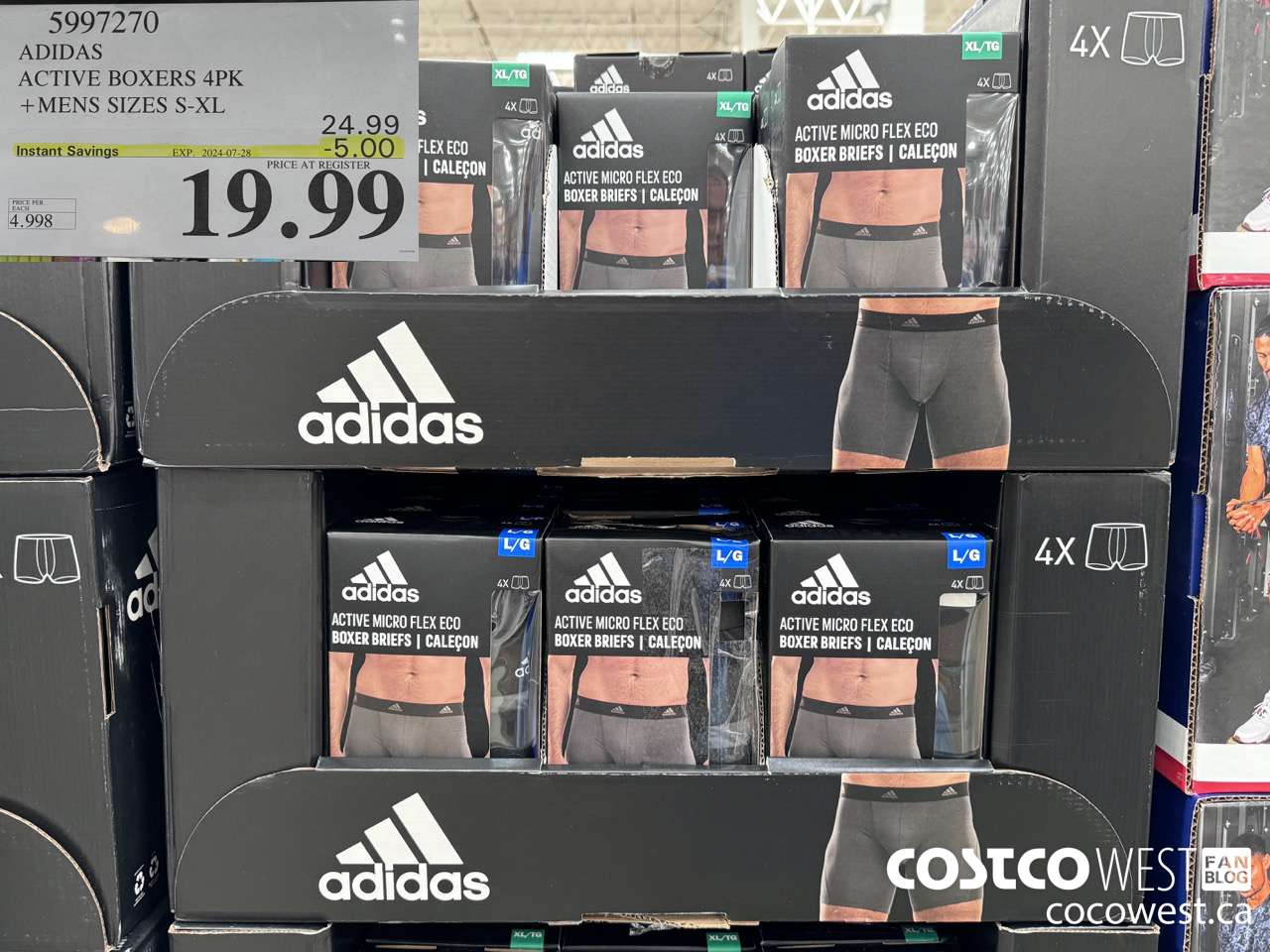 5997270 ADIDAS ACTIVE BOXERS 4PK MENS SIZES S-XL ($5.00 INSTANT SAVINGS EXPIRES ON 2024-07-28) $19.99