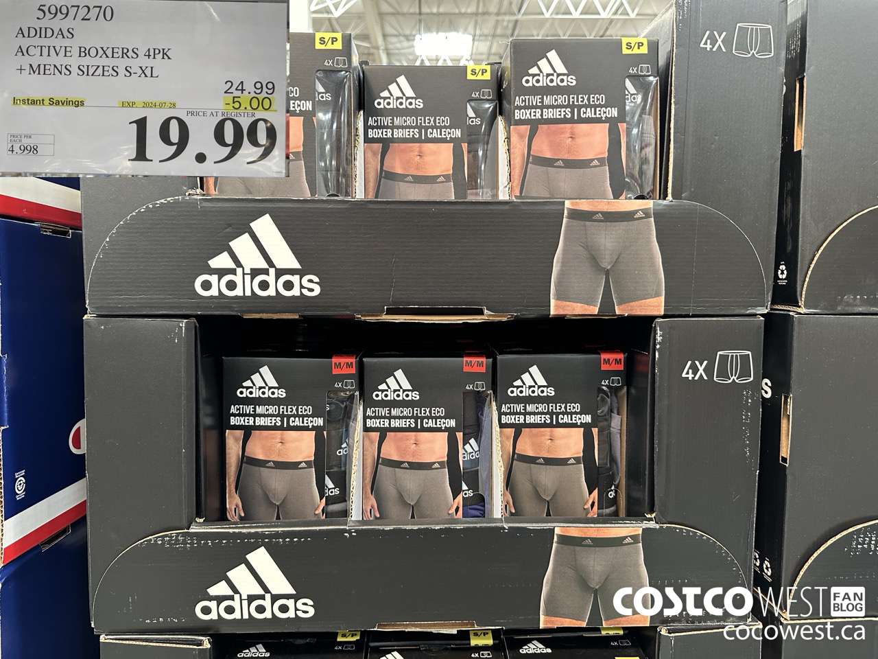 5997270 ADIDAS ACTIVE BOXERS 4PK MENS SIZES S-XL ($5.00 INSTANT SAVINGS EXPIRES ON 2024-07-28) $19.99