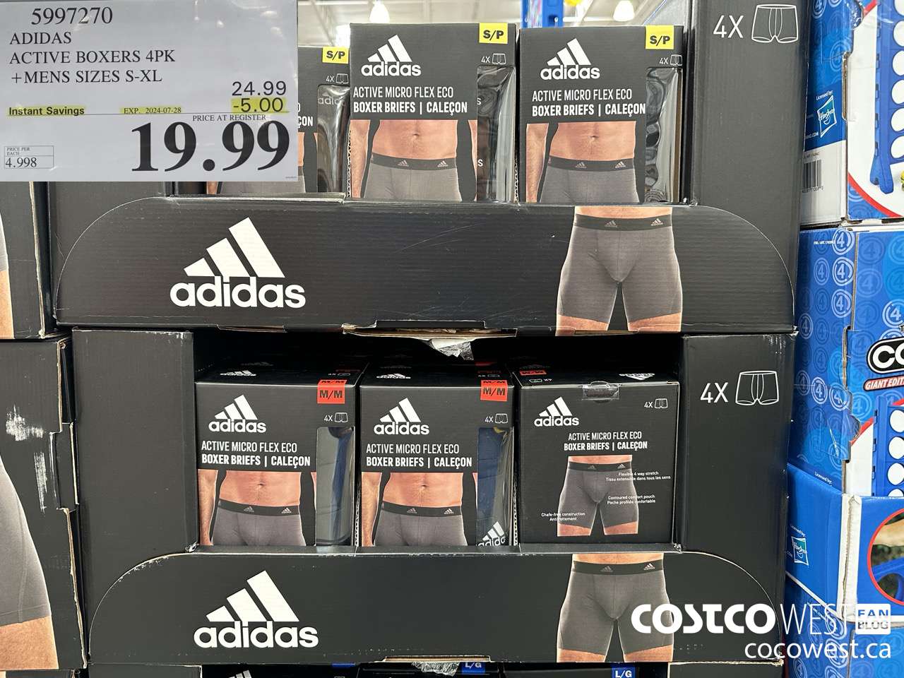 5997270 ADIDAS ACTIVE BOXERS 4PK MENS SIZES S-XL ($5.00 INSTANT SAVINGS EXPIRES ON 2024-07-28) $19.99