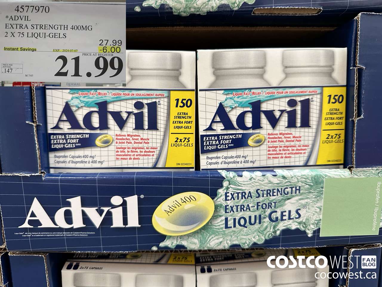 4577970 ADVIL EXTRA STRENGTH 400MG 2 X 75 LIQUI-GELS ($6.00 INSTANT SAVINGS EXPIRES ON 2024-07-07) $21.99