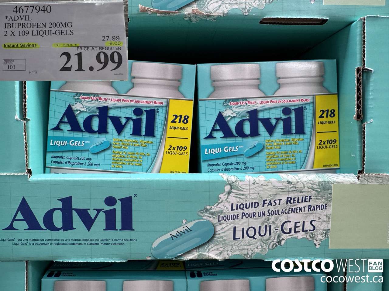 4677940 ADVIL IBUPROFEN 200MG 2 X 109 LIQUI-GELS ($6.00 INSTANT SAVINGS EXPIRES ON 2024-07-21) $21.99