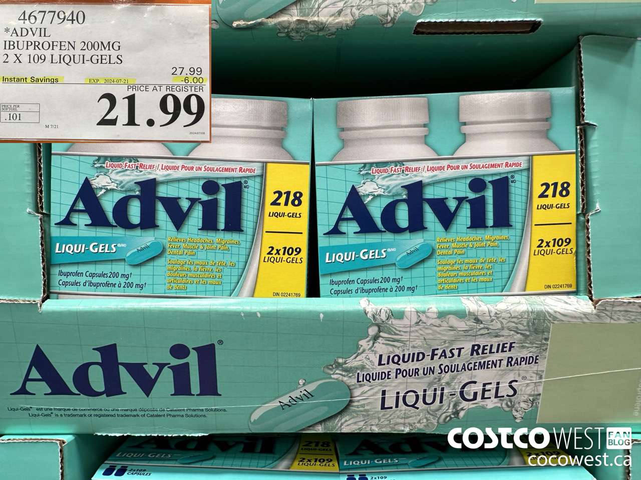 4677940 ADVIL IBUPROFEN 200MG 2 X 109 LIQUI-GELS ($6.00 INSTANT SAVINGS EXPIRES ON 2024-07-21) $21.99