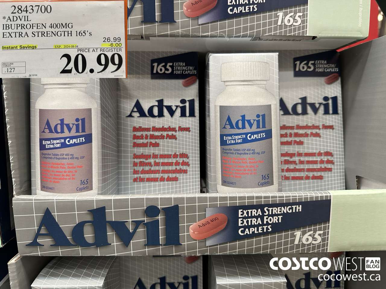2843700 ADVIL IBUPROFEN 400MG EXTRA STRENGTH 165'S ($6.00 INSTANT SAVINGS EXPIRES ON 2024-08-04) $20.99
