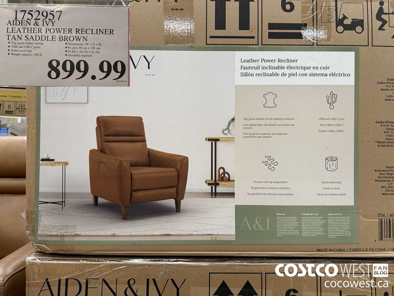 1752957 AIDEN & IVY LEATHER POWER RECLINER TAN SADDLE BROWN $899.99