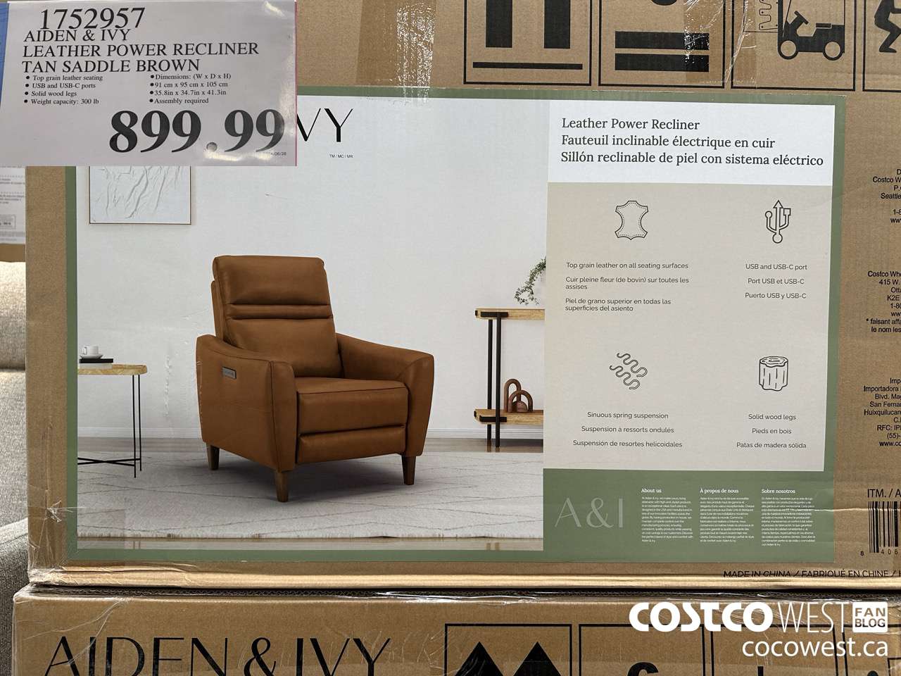 1752957 AIDEN & IVY LEATHER POWER RECLINER TAN SADDLE BROWN $899.99