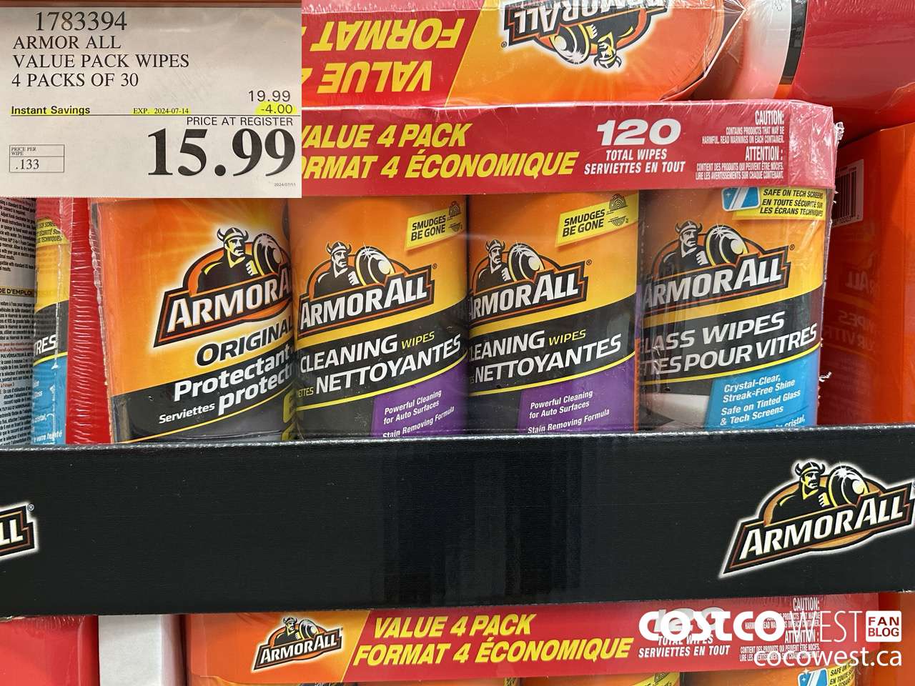 1783394 ARMOR ALL VALUE PACK WIPES 4 PACKS OF 30 ($4.00 INSTANT SAVINGS EXPIRES ON 2024-07-14) $15.99