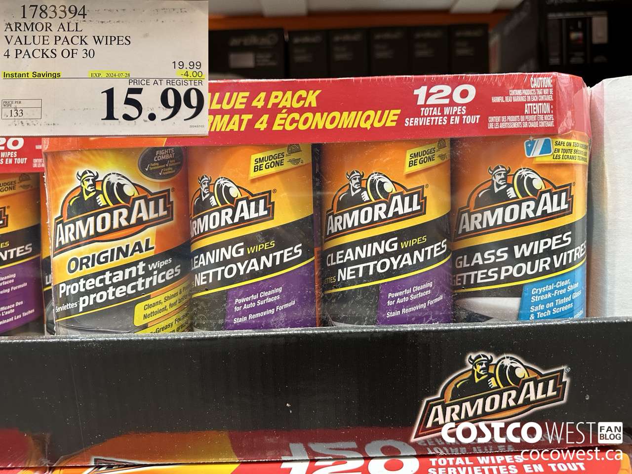 1783394 ARMOR ALL VALUE PACK WIPES 4 PACKS OF 30 ($4.00 INSTANT SAVINGS EXPIRES ON 2024-07-28) $15.99