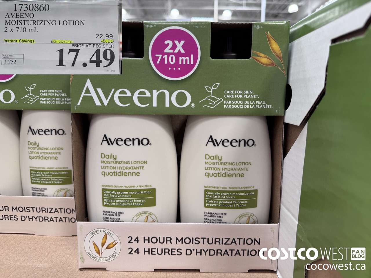 1730860 AVEENO MOISTURIZING LOTION 2 X 710ML ($5.50 INSTANT SAVINGS EXPIRES ON 2024-07-21) $17.49