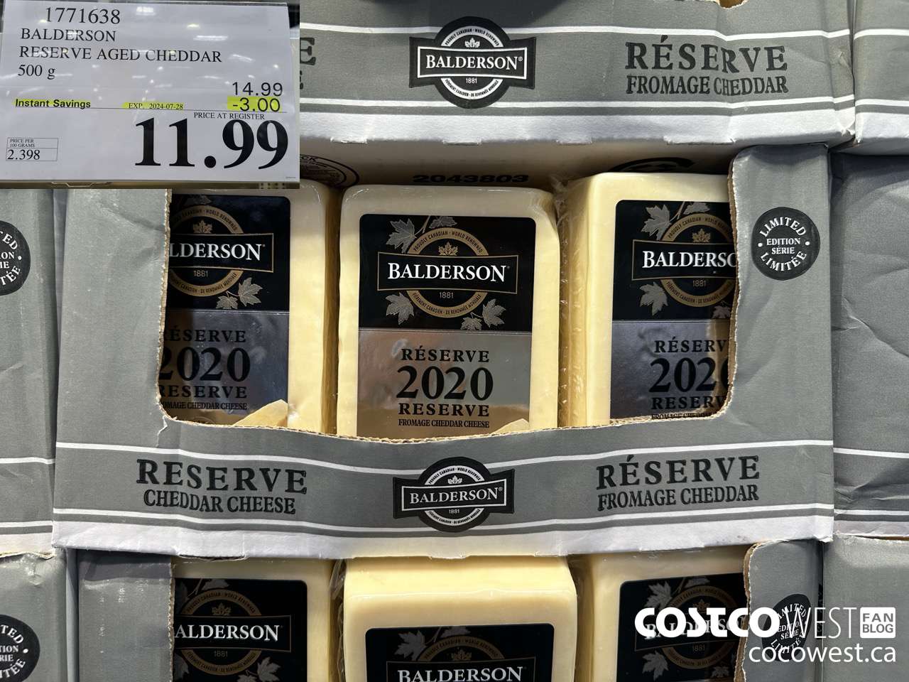 1771638 BALDERSON RESERVE AGED CHEDDAR 500 G ($3.00 INSTANT SAVINGS EXPIRES ON 2024-07-28) $11.99