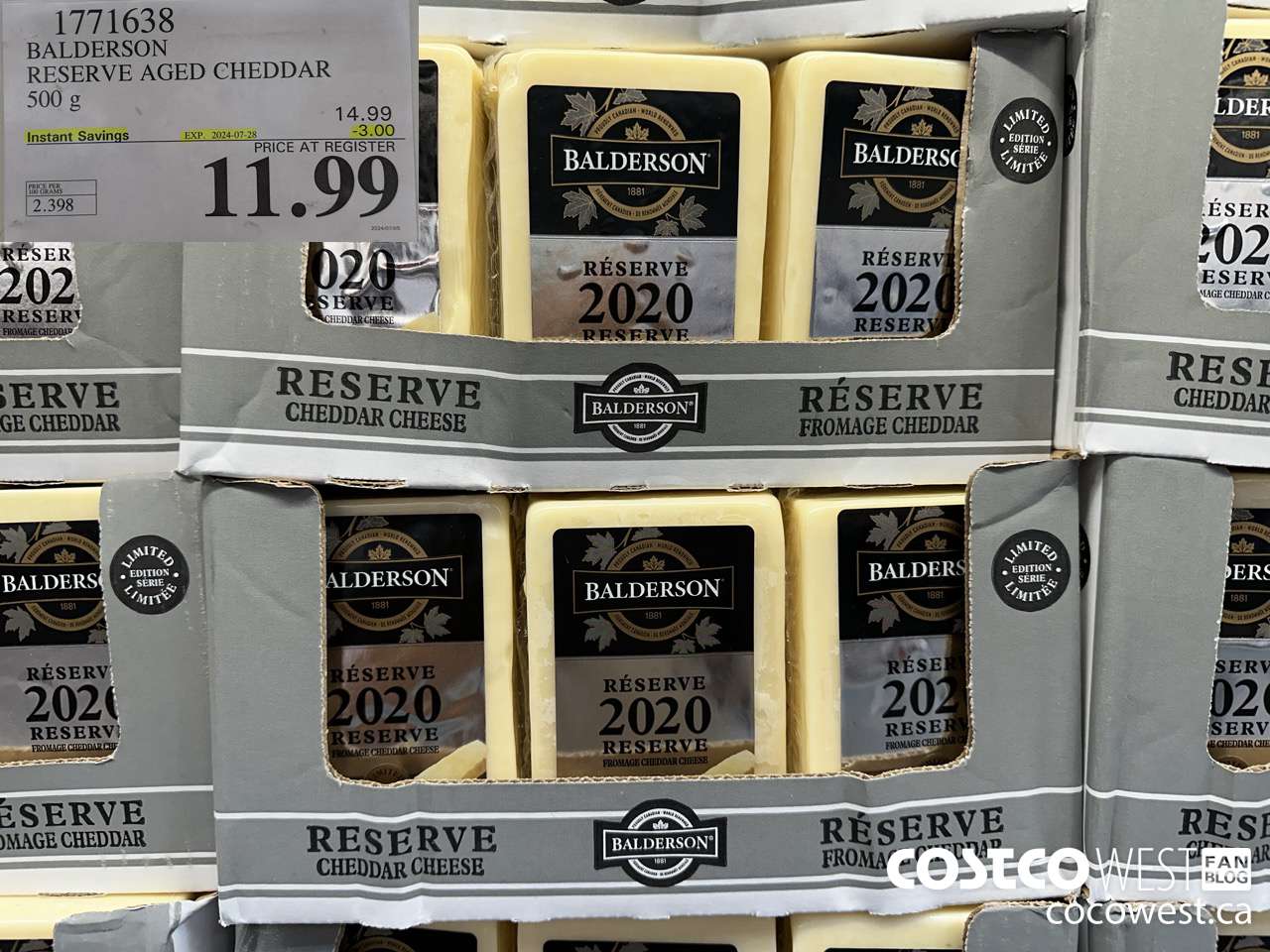 1771638 BALDERSON RESERVE AGED CHEDDAR 500 G ($3.00 INSTANT SAVINGS EXPIRES ON 2024-07-28) $11.99