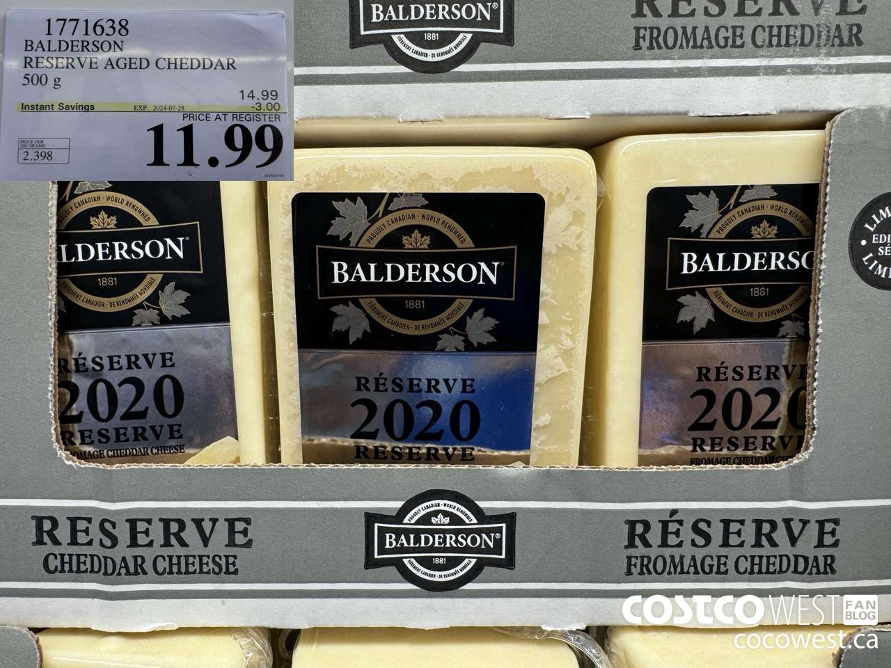 1771638 BALDERSON RESERVE AGED CHEDDAR 500 G ($3.00 INSTANT SAVINGS EXPIRES ON 2024-07-28) $11.99
