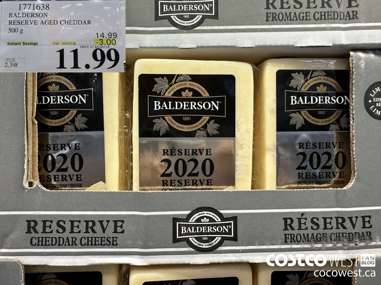 1771638 BALDERSON RESERVE AGED CHEDDAR 500 G ($3.00 INSTANT SAVINGS EXPIRES ON 2024-07-28) $11.99