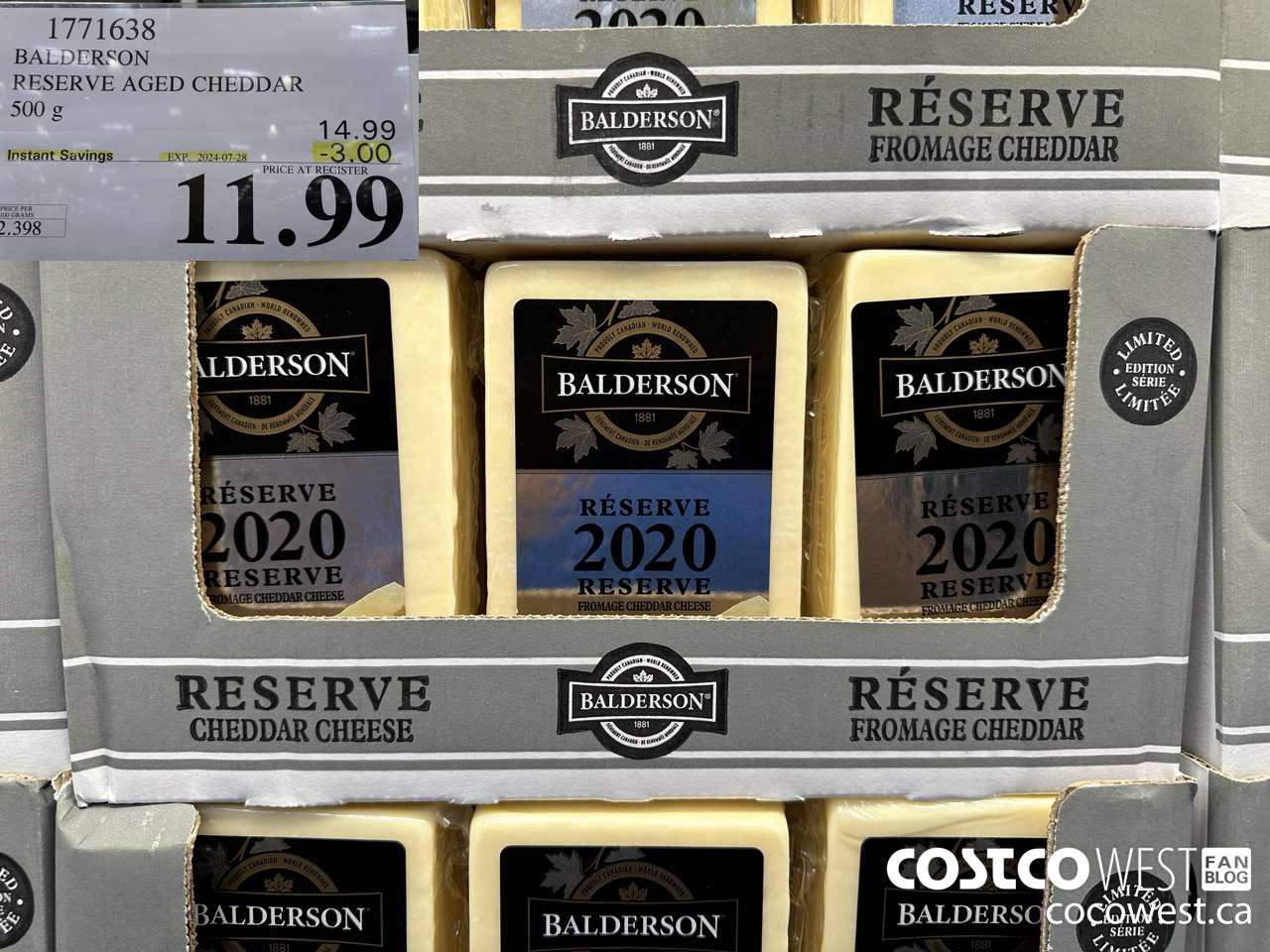 1771638 BALDERSON RESERVE AGED CHEDDAR 500 G ($3.00 INSTANT SAVINGS EXPIRES ON 2024-07-28) $11.99