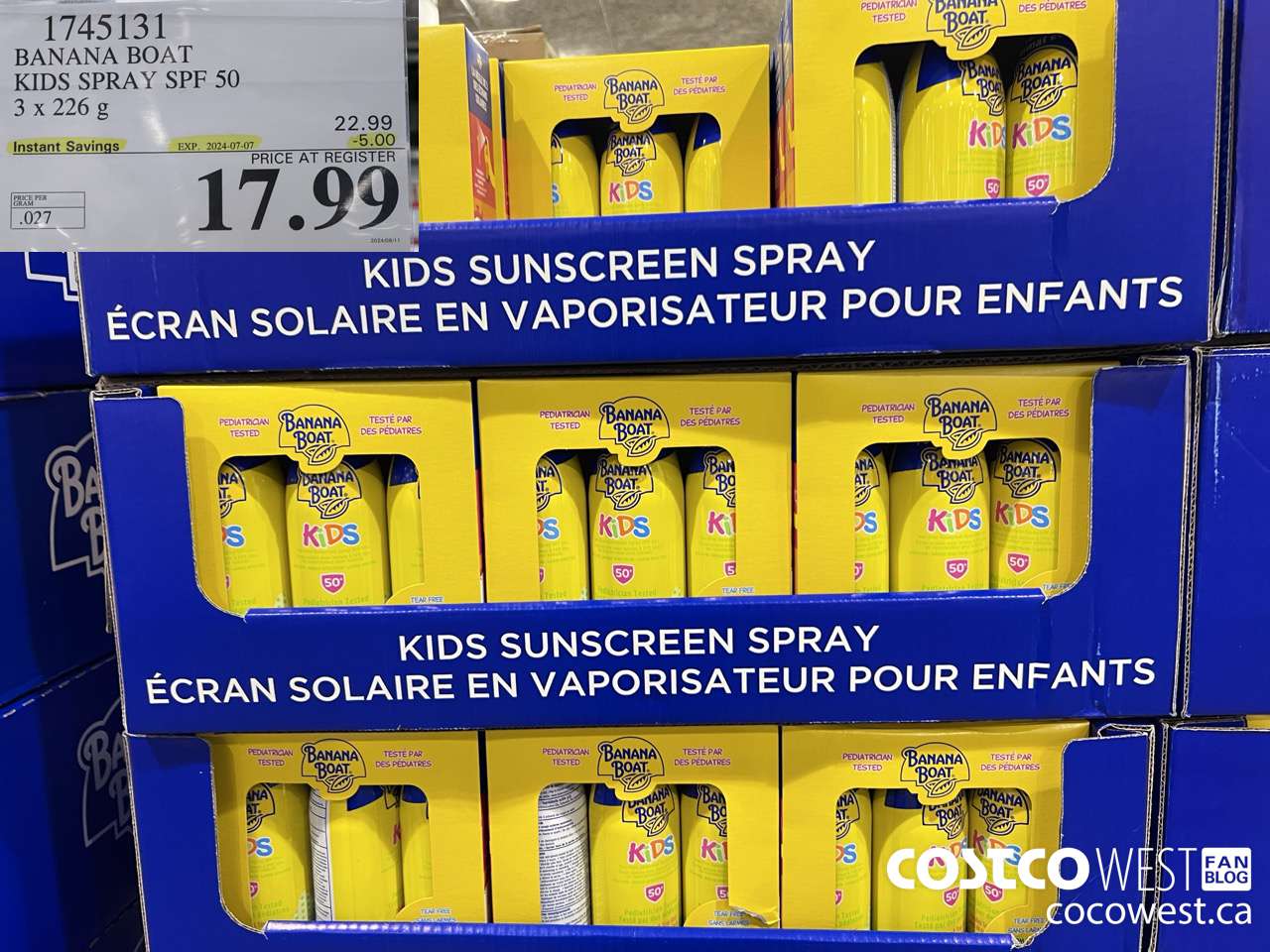 1745131 BANANA BOAT KIDS SPRAY SPF 50 3 X 226 G ($5.00 INSTANT SAVINGS EXPIRES ON 2024-07-07) $17.99