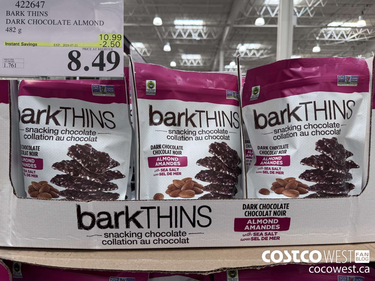422647 BARK THINS DARK CHOCOLATE ALMOND 482 g ($2.50 INSTANT SAVINGS EXPIRES ON 2024-07-21) $8.49