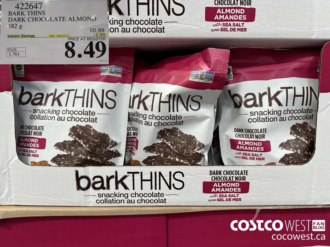 422647 BARK THINS DARK CHOCOLATE ALMOND 482 g ($2.50 INSTANT SAVINGS EXPIRES ON 2024-07-21) $8.49