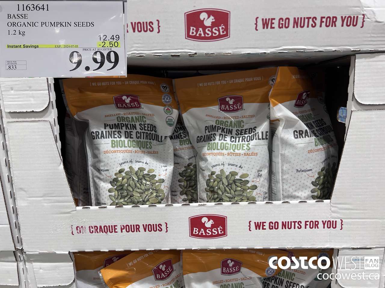 1163641 BASSE ORGANIC PUMPKIN SEEDS 1.2 KG ($2.50 INSTANT SAVINGS EXPIRES ON 2024-07-05) $9.99