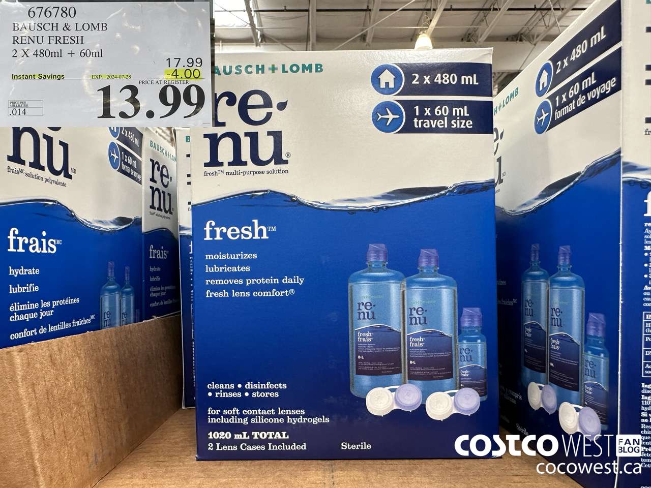 676780 BAUSCH & LOMB RENU FRESH 2 X 480ML + 60ML ($4.00 INSTANT SAVINGS EXPIRES ON 2024-07-28) $13.99