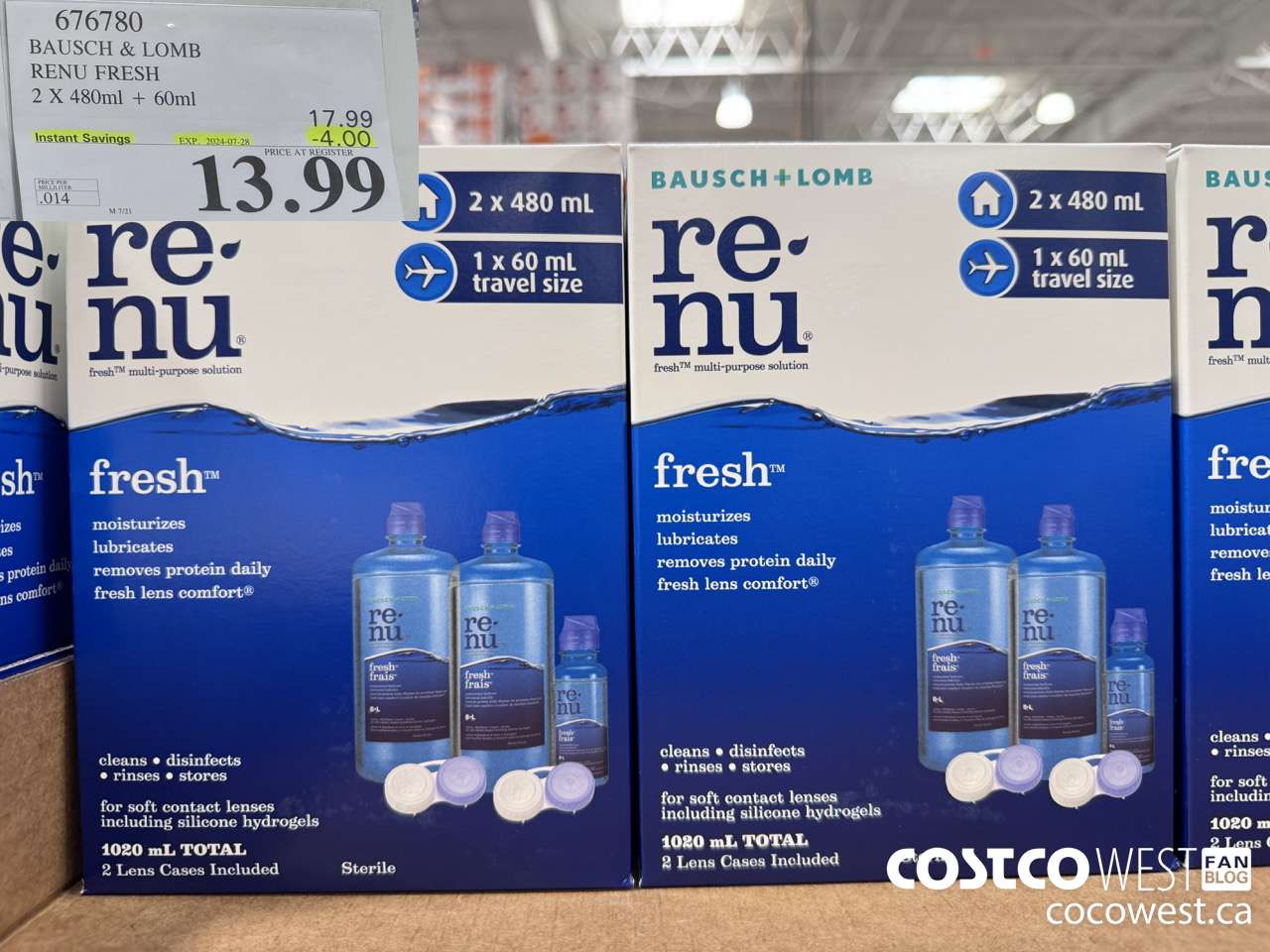676780 BAUSCH & LOMB RENU FRESH 2 X 480ML + 60ML ($4.00 INSTANT SAVINGS EXPIRES ON 2024-07-28) $13.99