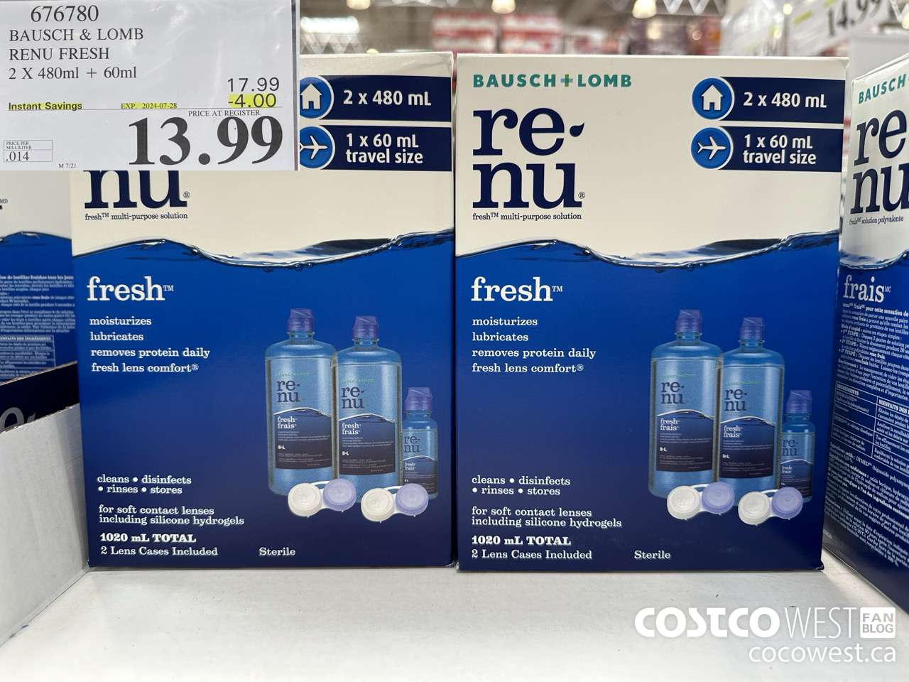 676780 BAUSCH & LOMB RENU FRESH 2 X 480ML + 60ML ($4.00 INSTANT SAVINGS EXPIRES ON 2024-07-28) $13.99