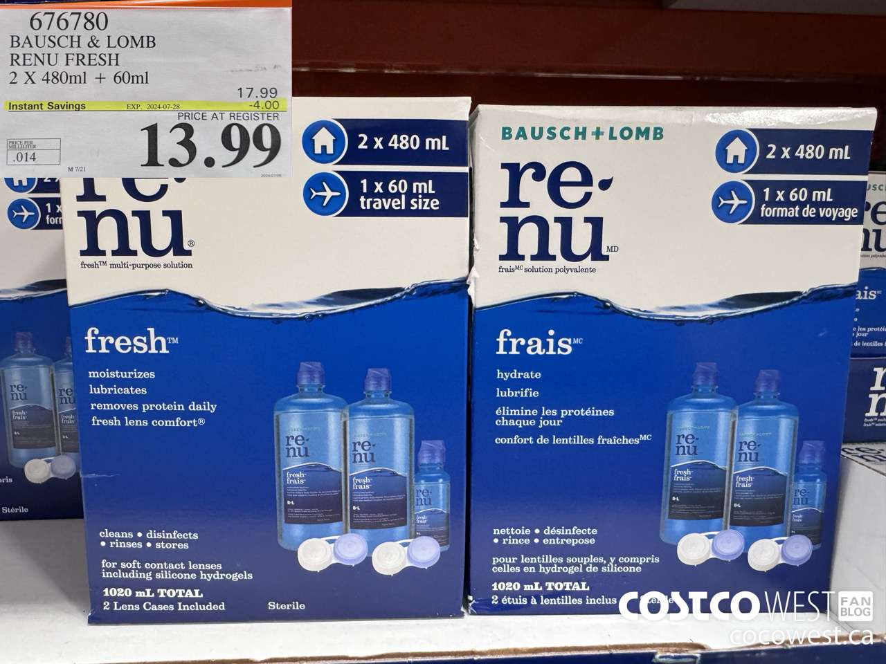 676780 BAUSCH & LOMB RENU FRESH 2 X 480ML + 60ML ($4.00 INSTANT SAVINGS EXPIRES ON 2024-07-28) $13.99
