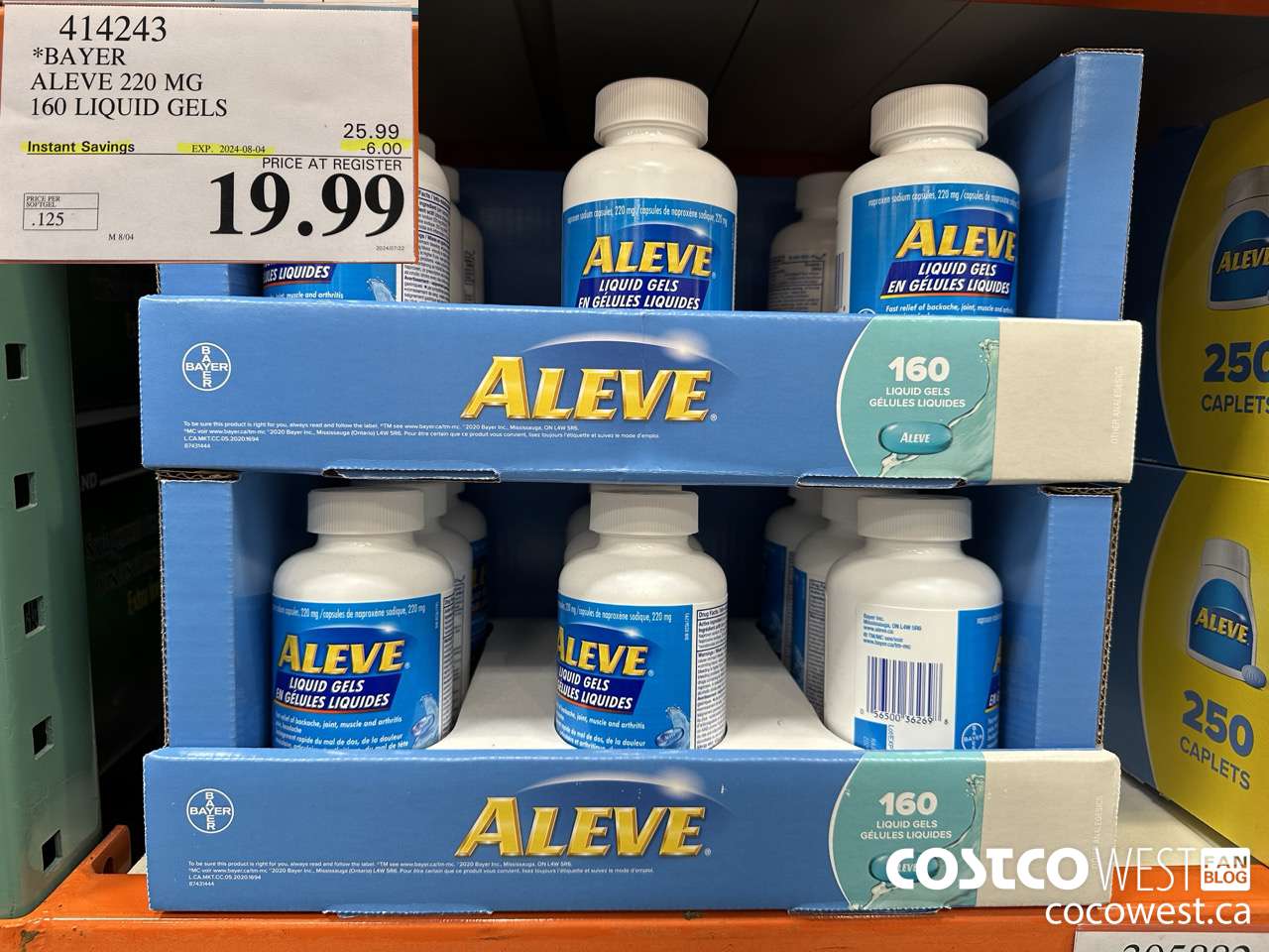 414243 BAYER ALEVE 220 MG 160 LIQUID GELS ($6.00 INSTANT SAVINGS EXPIRES ON 2024-08-04) $19.99