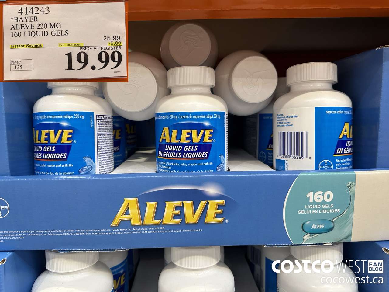414243 BAYER ALEVE 220 MG 160 LIQUID GELS ($6.00 INSTANT SAVINGS EXPIRES ON 2024-08-04) $19.99