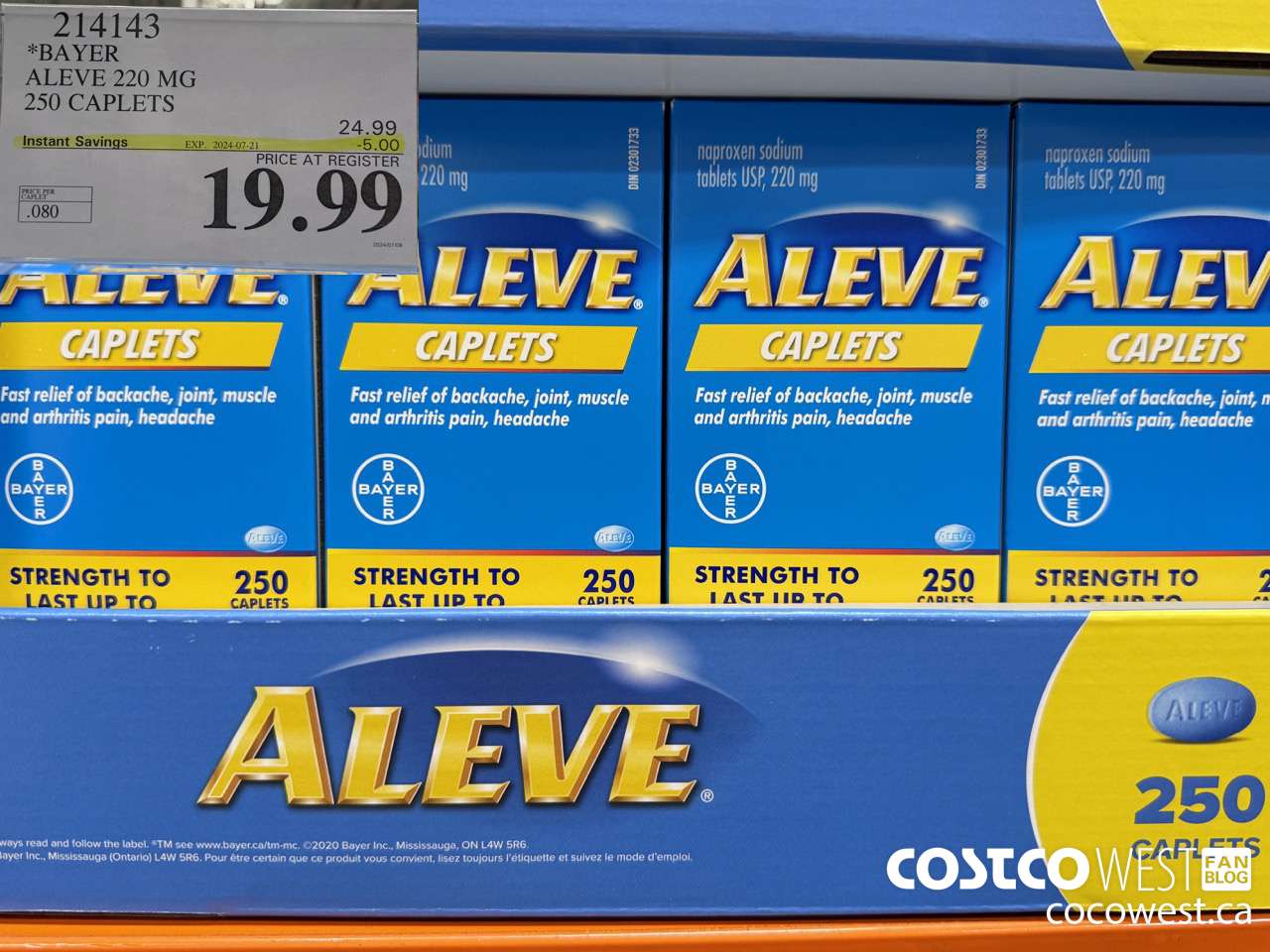 214143 BAYER ALEVE 220 MG 250 CAPLETS ($5.00 INSTANT SAVINGS EXPIRES ON 2024-07-21) $19.99